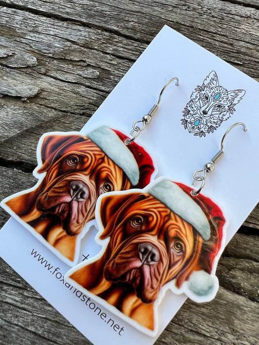 Dogues De Bordeaux Santa Hat Dog Earrings