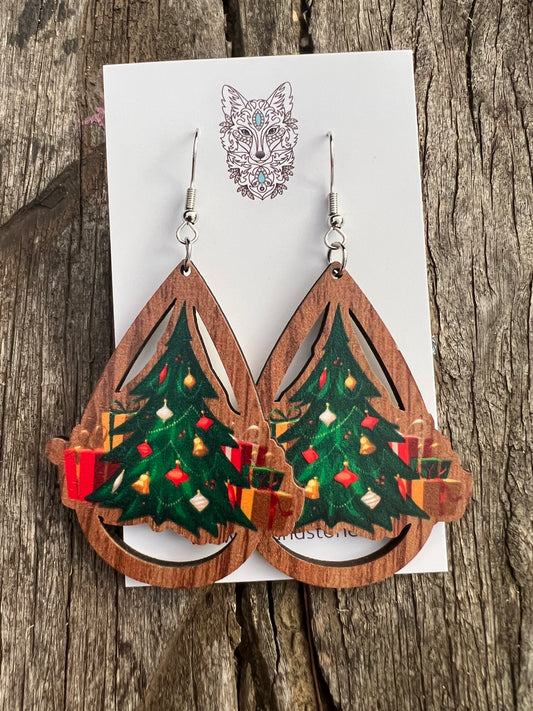 Wood Christmas Tree Earrings