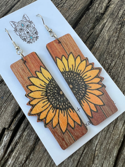 Sunflower Rectangular Natural Wood Earrings