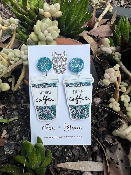 But First Coffee Teal Stud Earrings