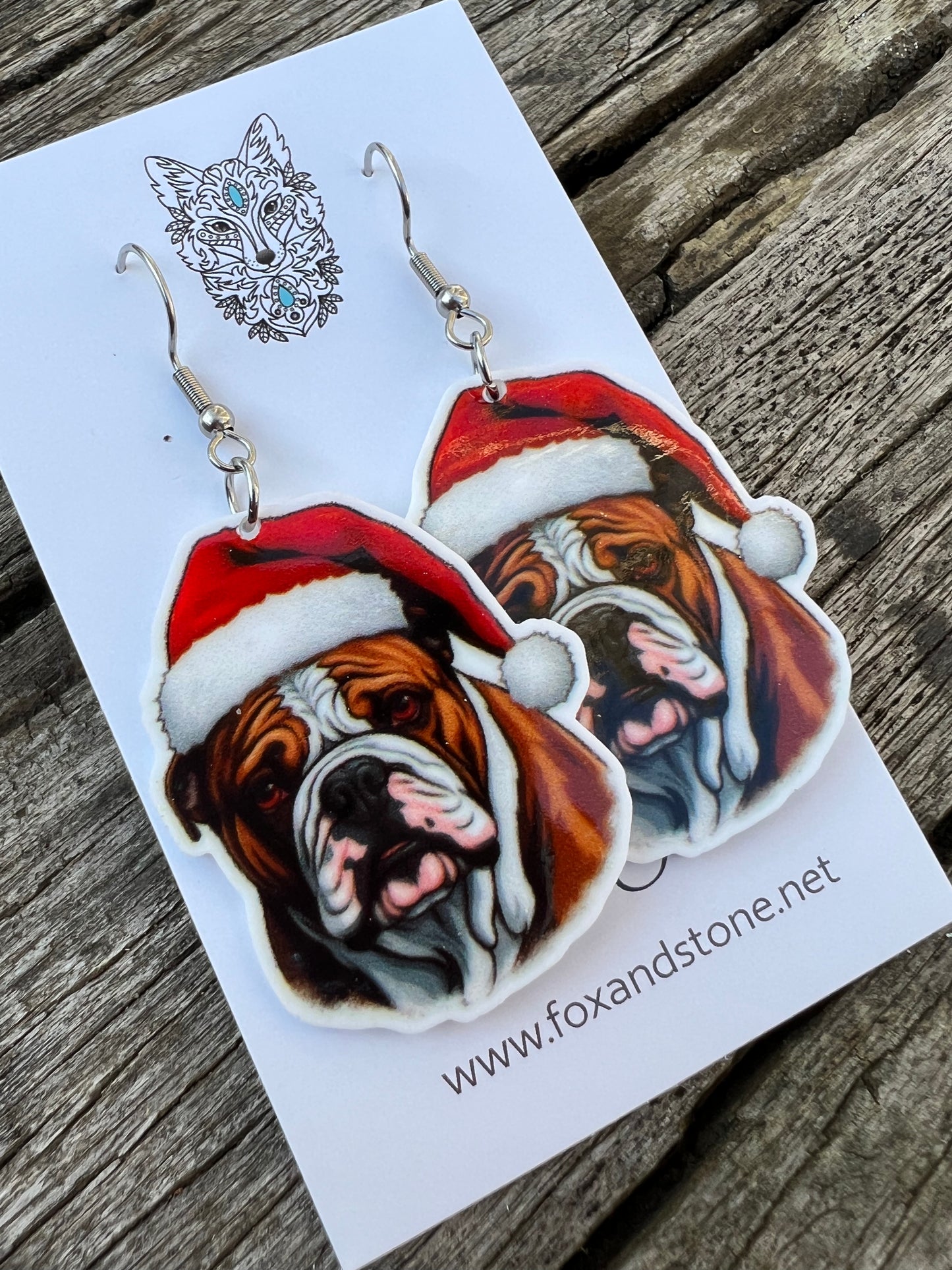 Bulldog Santa Hat Dog Earrings