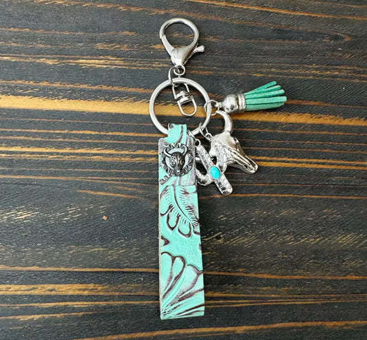 Tooled Dyed Faux Leather Western Vibe Turquoise Keyring