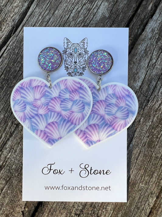Sea Shells Purple Stud Heart Earrings