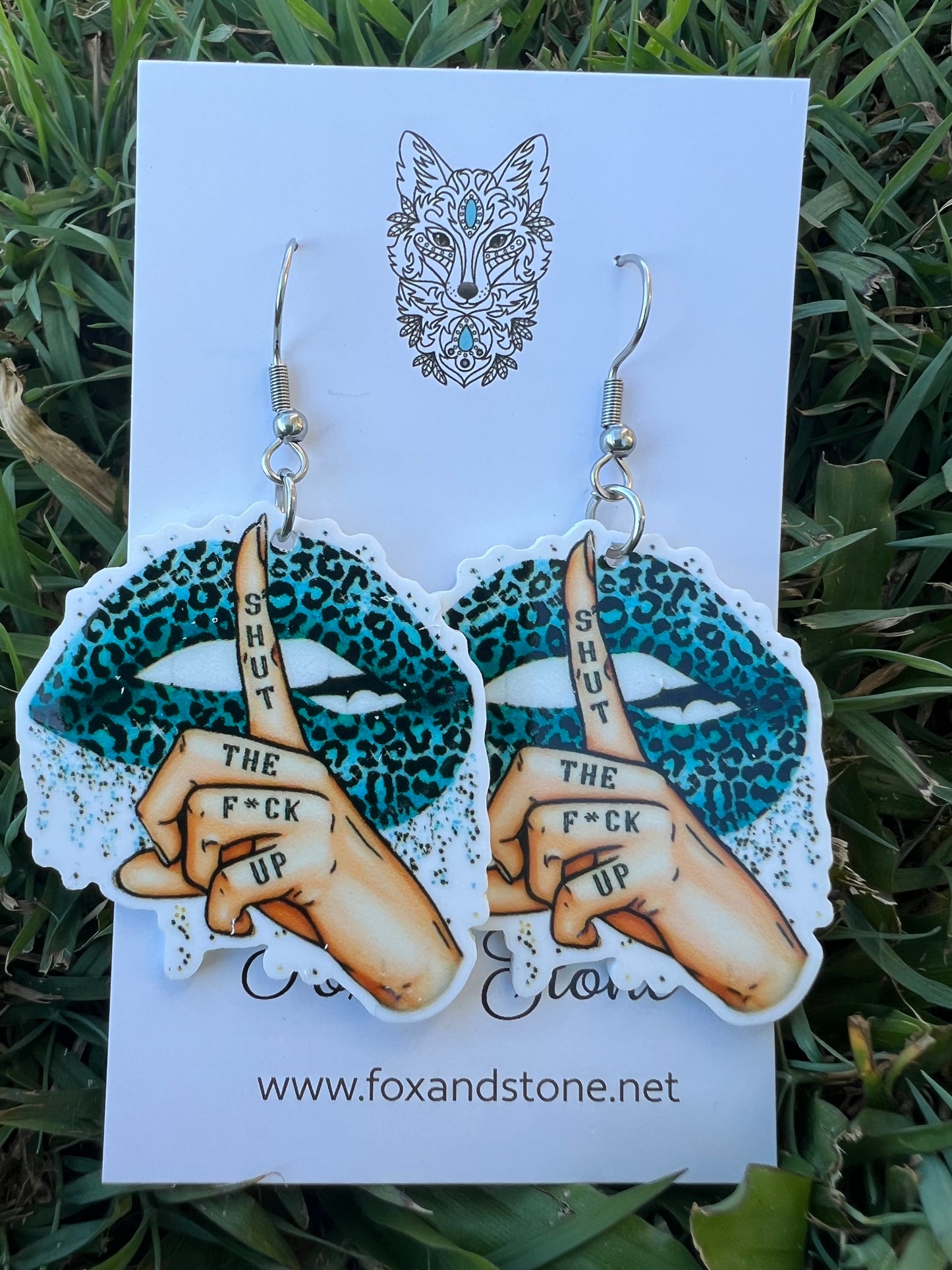 Shut The F#ck Up Teal Leopard Earrings