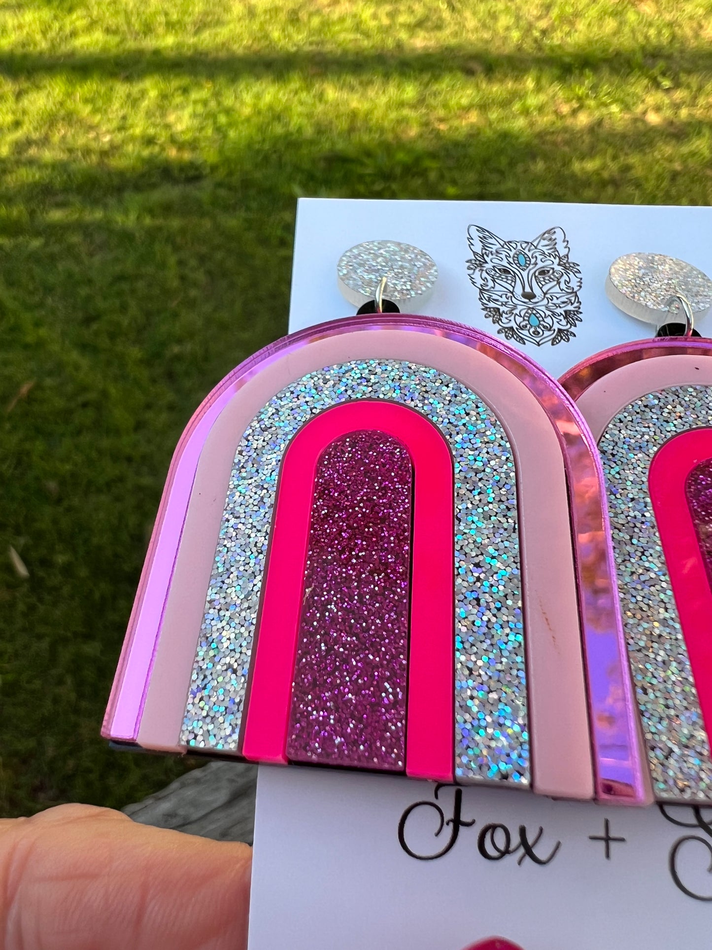 Beautiful Statement Pink Glitter Arch Earrings