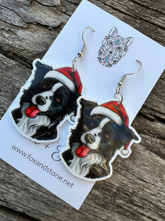Border Collie Santa Hat Dog Earrings