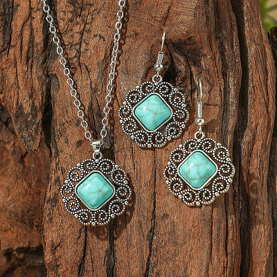 Antique Silver Dyed Turquoise Pendant Earring Set