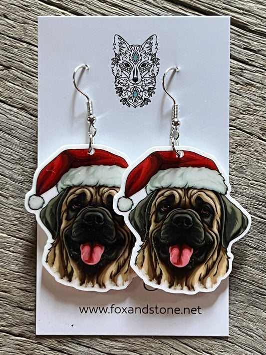 Mastiff English Santa Hat Dog Earrings
