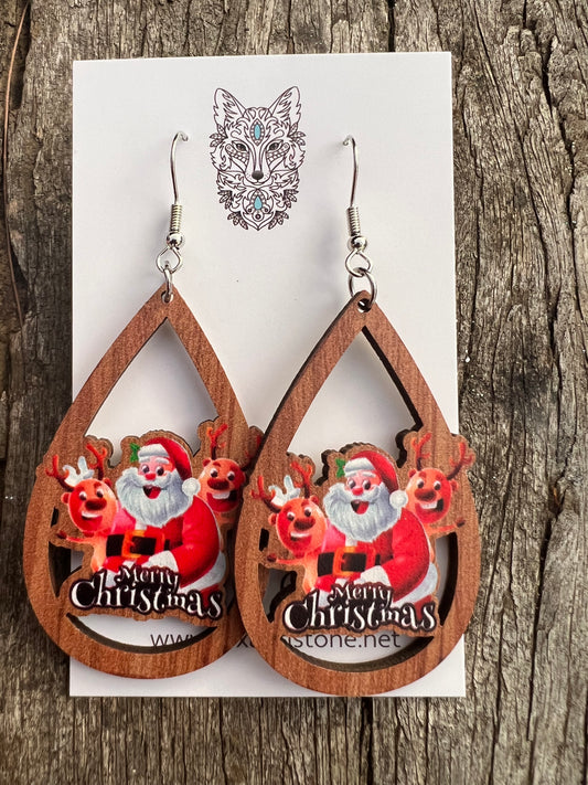 Wood Santa Christmas Earrings
