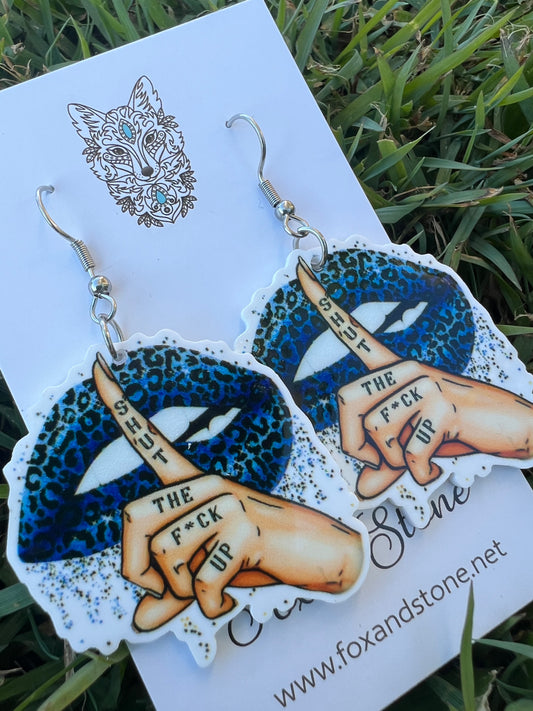 Shut The F#ck Up Deep Blue Leopard Earrings