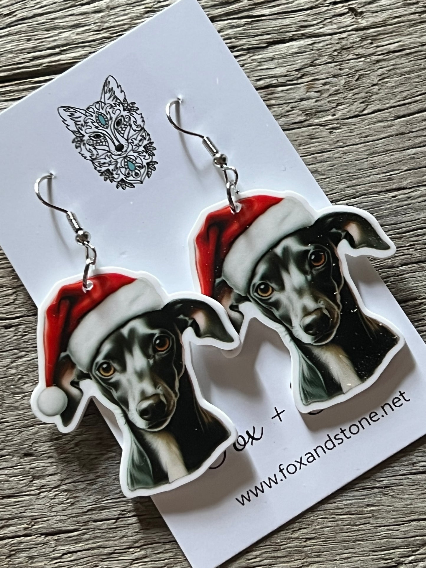 Whippet Santa Hat Dog Earrings