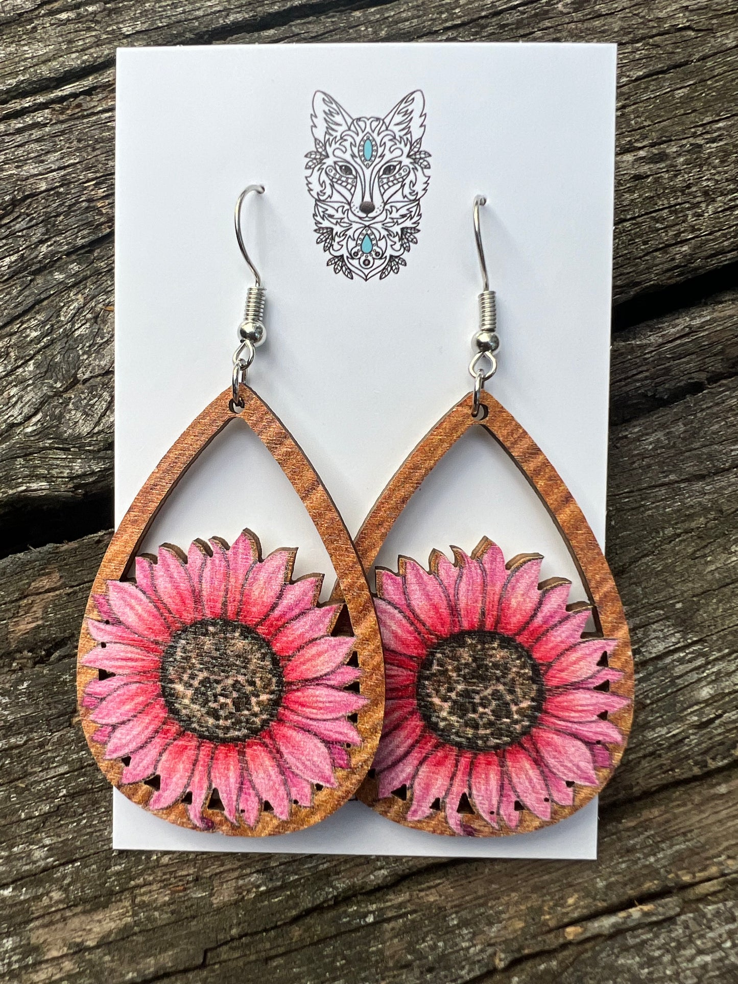 Beautiful Pink Sunflower Natural Wood Earrings
