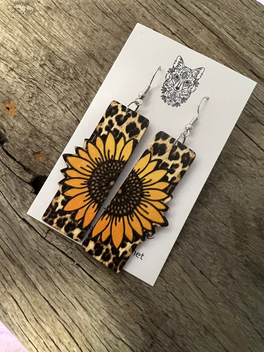 Sunflower Leopard Rectangular Natural Wood Earrings