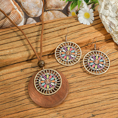 Gold Flower Pendant Earring Set