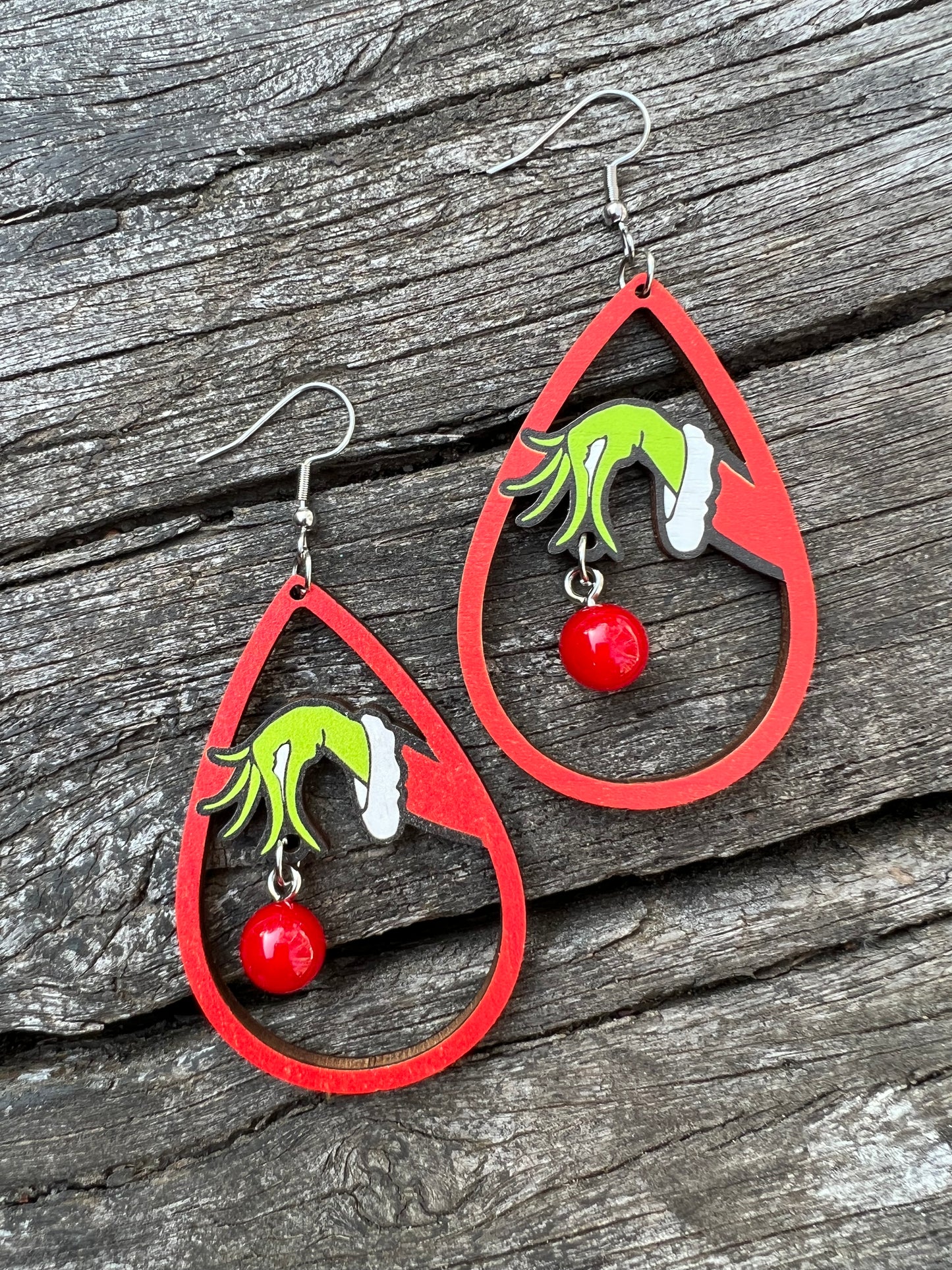 Grinch Wood + Bead Earrings