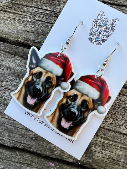 Belgian Malinois Santa Hat Dog Earrings