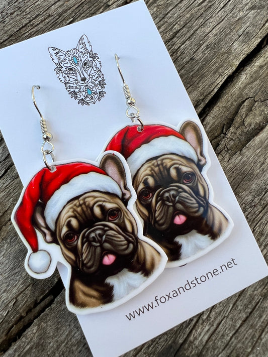 French Bulldog Santa Hat Dog Earrings