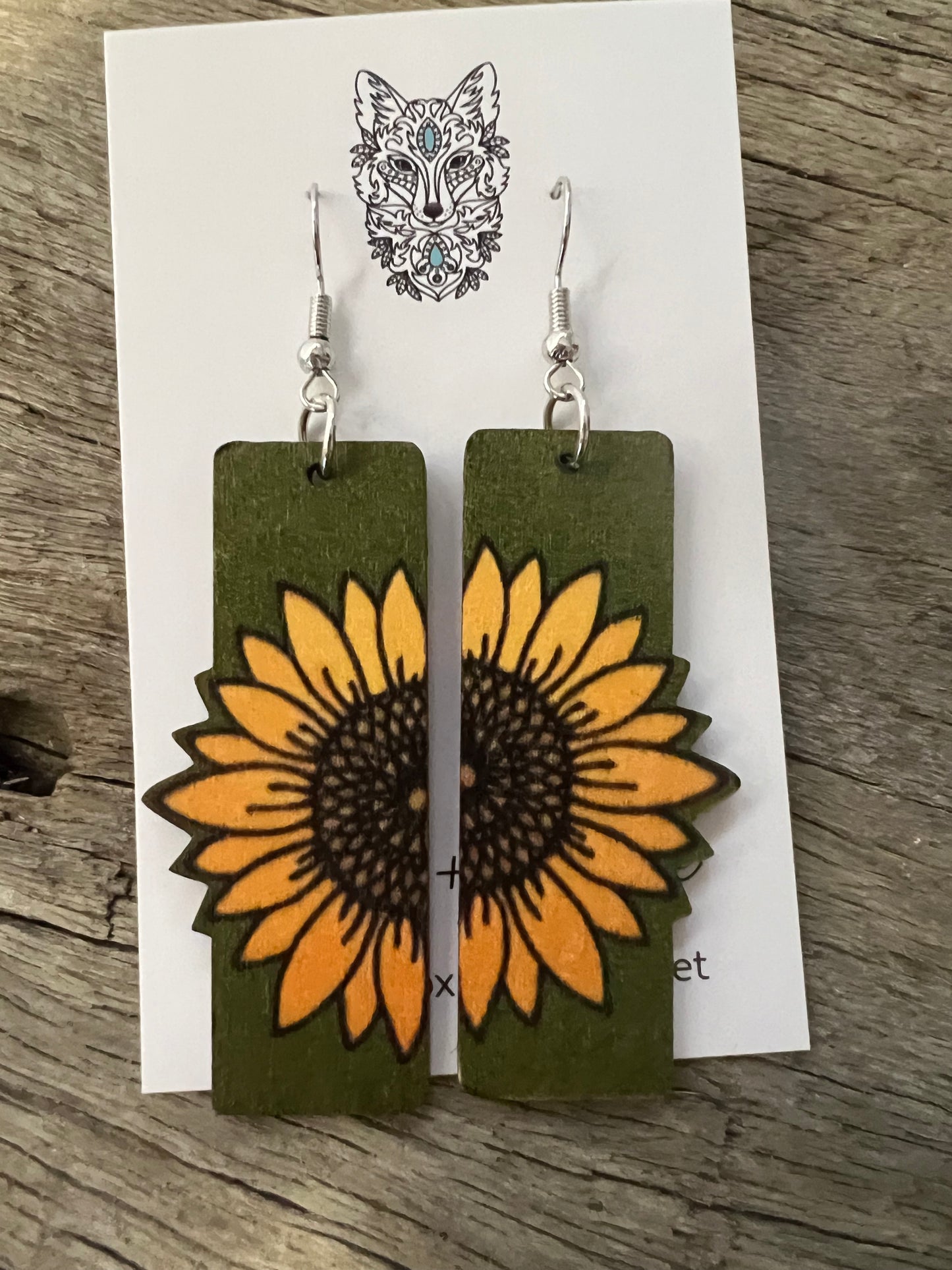 Khaki Sunflower Rectangular Natural Wood Earrings