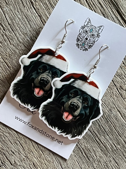 Newfoundland Santa Hat Dog Earrings