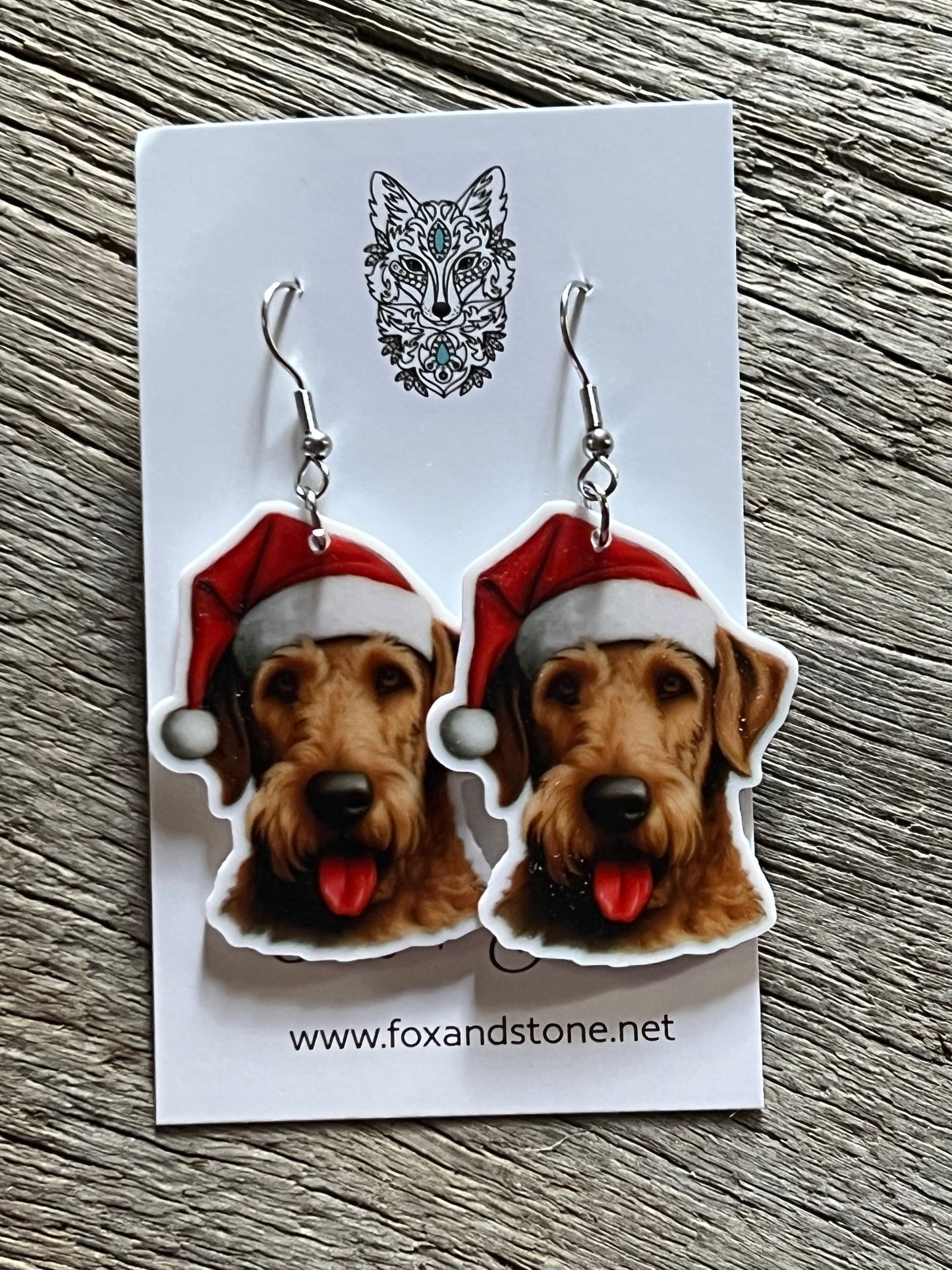 Airdale Terrier Santa Hat Dog Earrings