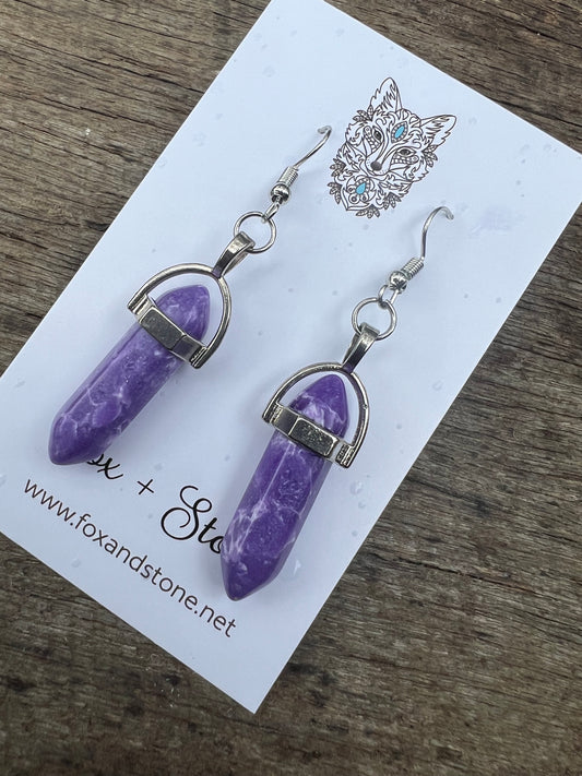 Purple Spot Jasper Gemstone Bullet Point Earrings