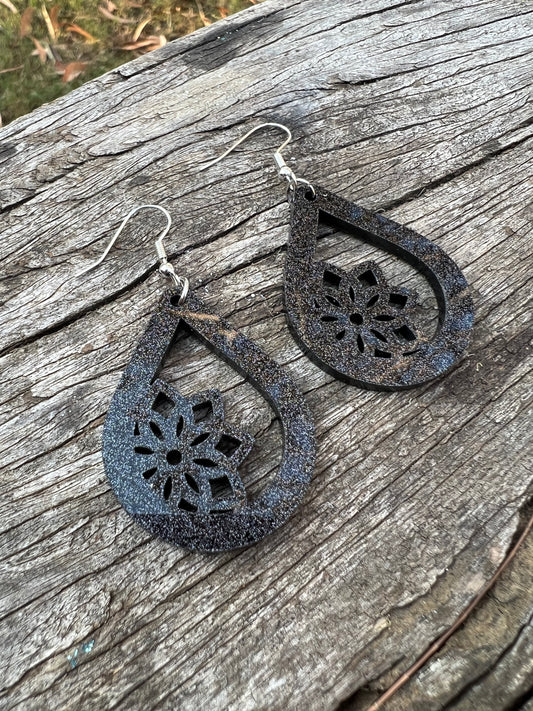 Black Mandala Meadow Matt Glitter Earrings