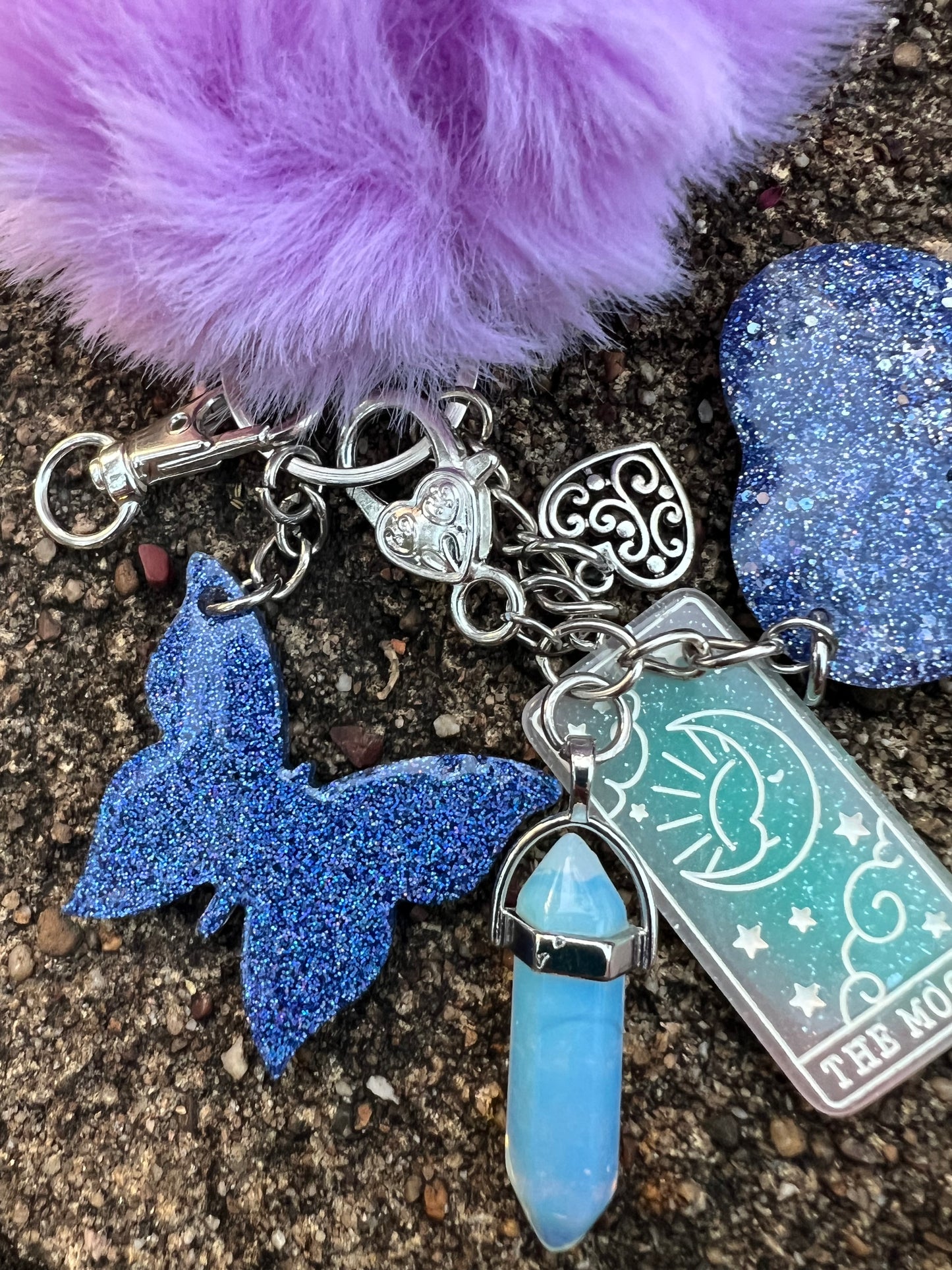 Glitter Heart + Opalite Gemstone Keyring