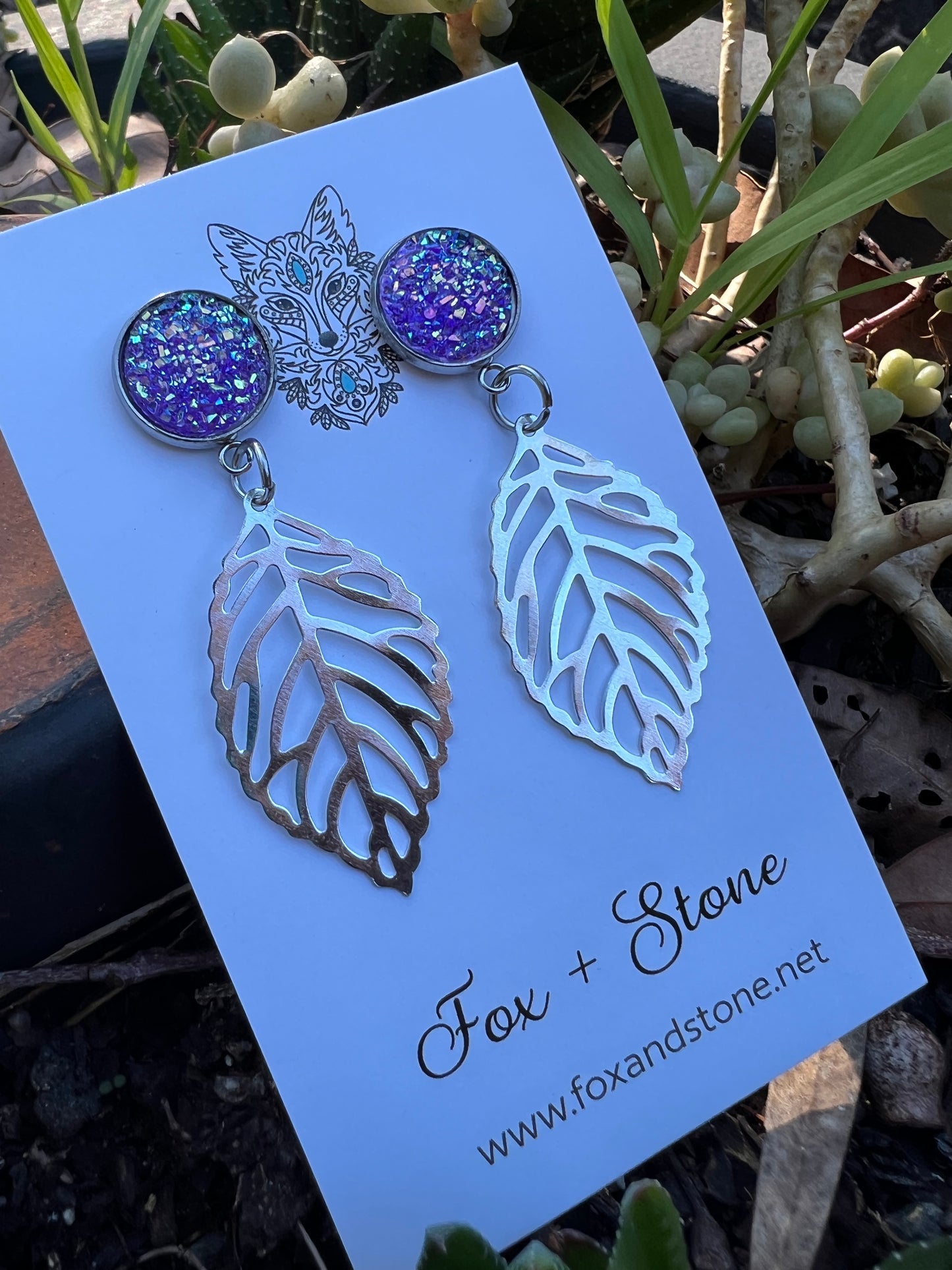 Purple Ice Silver Leaf Druzy Earrings