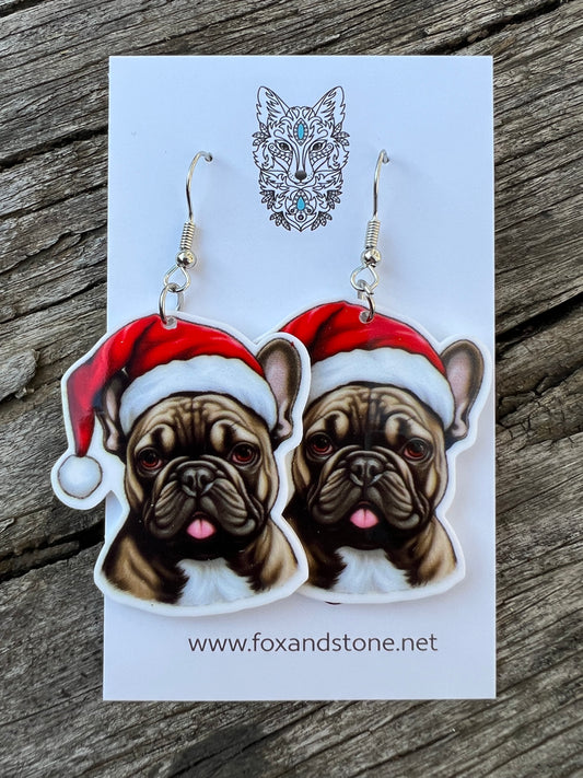 French Bulldog Santa Hat Dog Earrings
