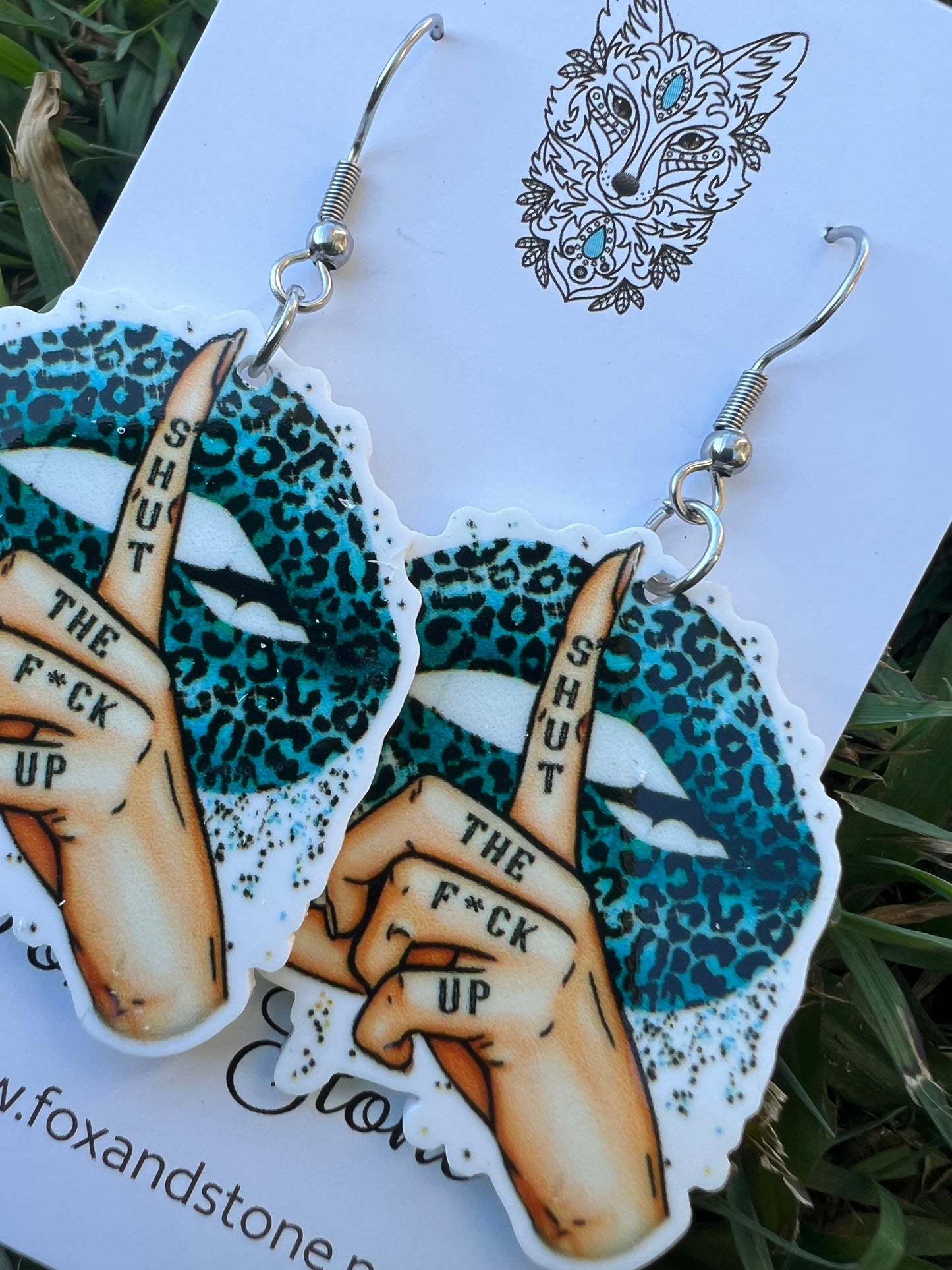 Shut The F#ck Up Teal Leopard Earrings