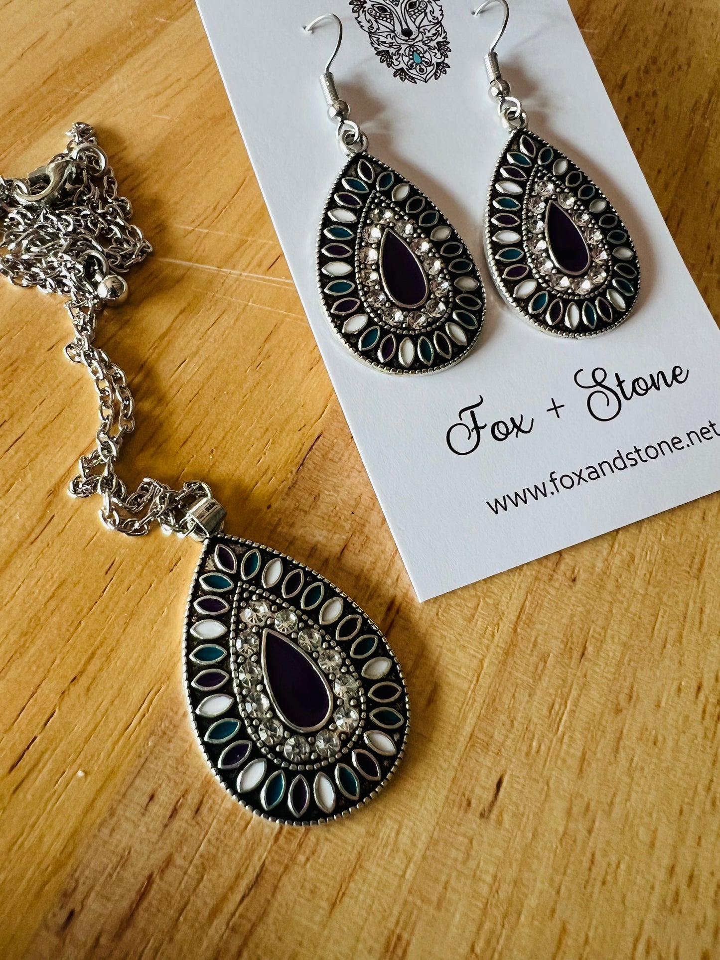 Silver Oval Pendant Earring Set