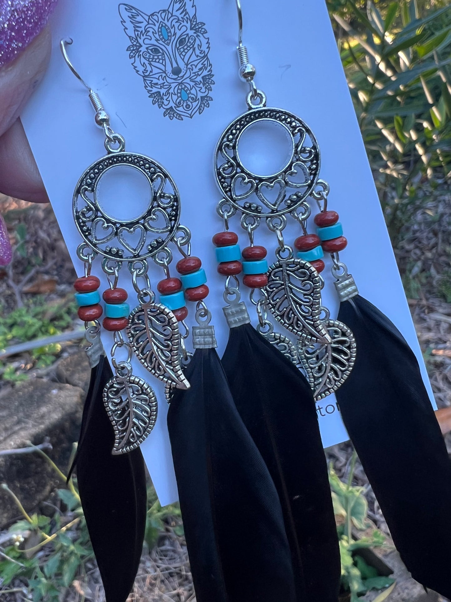 Stunning Silver Leaf Black Feather Earrings