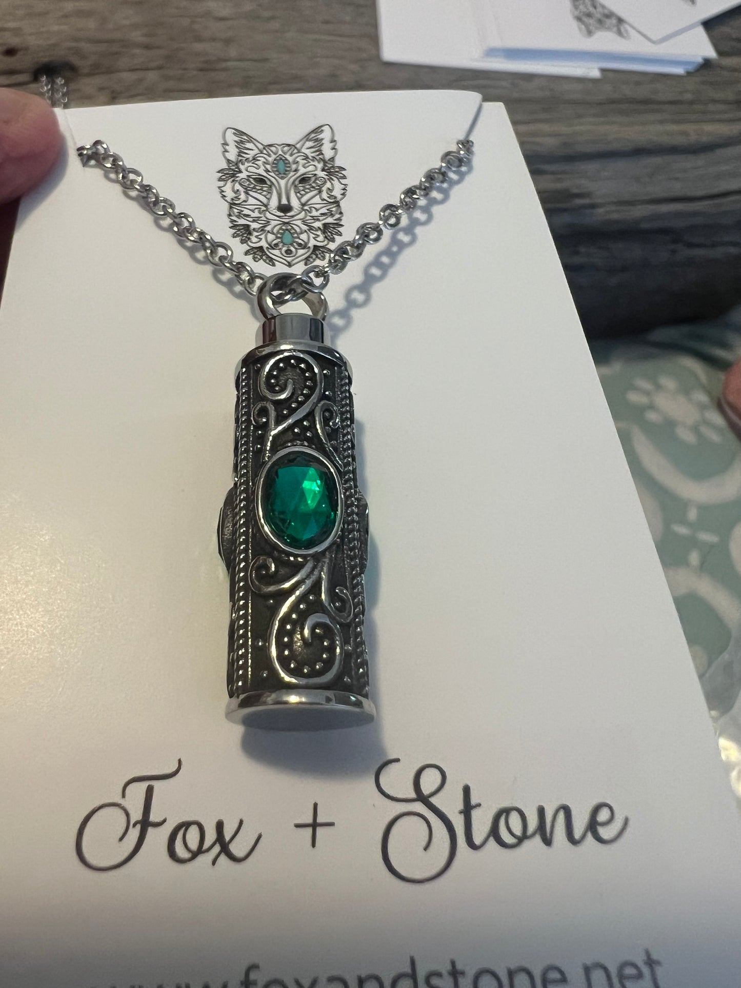 Ashes Keepsake Pendant Stainless Steel Deep Green Stones