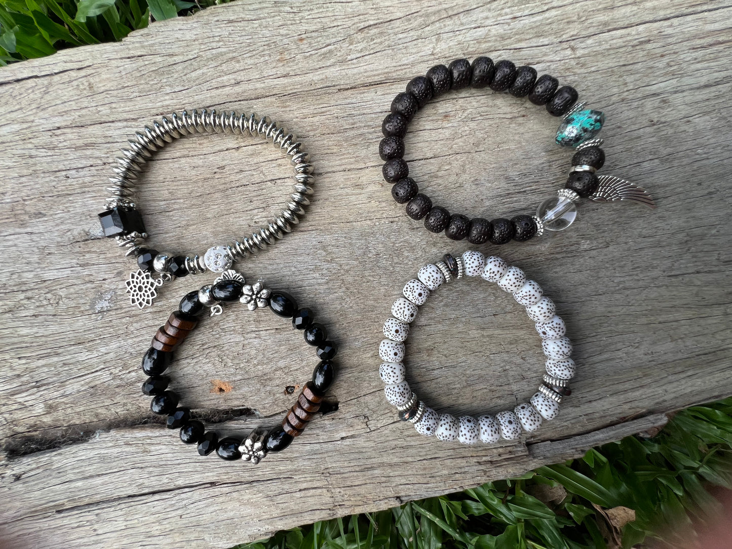 Silver Leaf Beaded Bracelet Stack