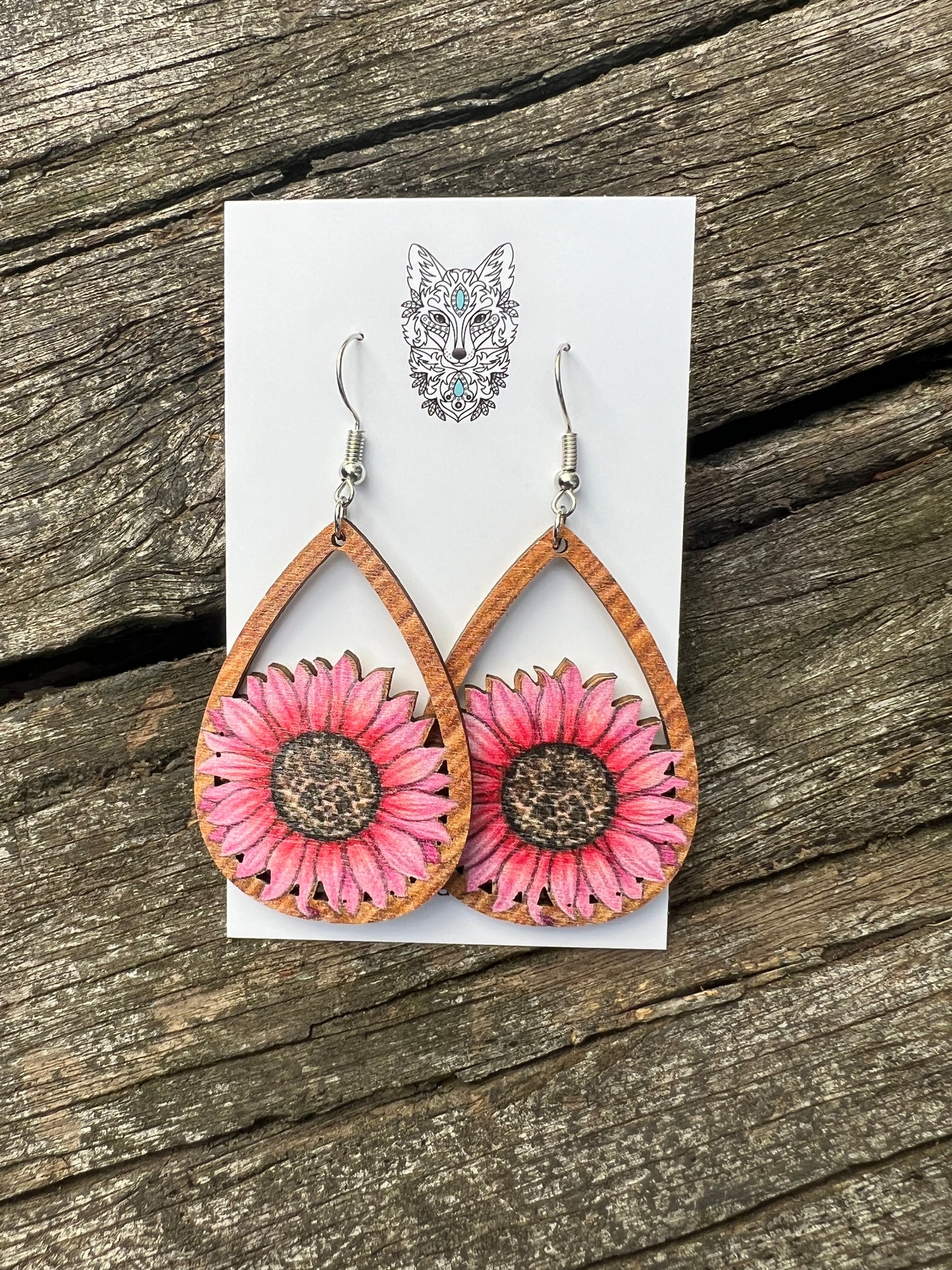 Beautiful Pink Sunflower Natural Wood Earrings