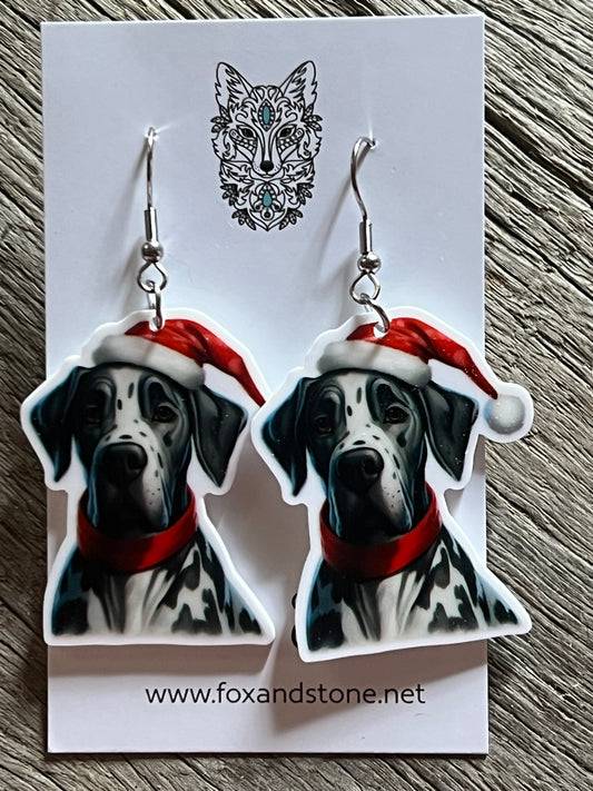 Great Dane Spots Santa Hat Dog Earrings