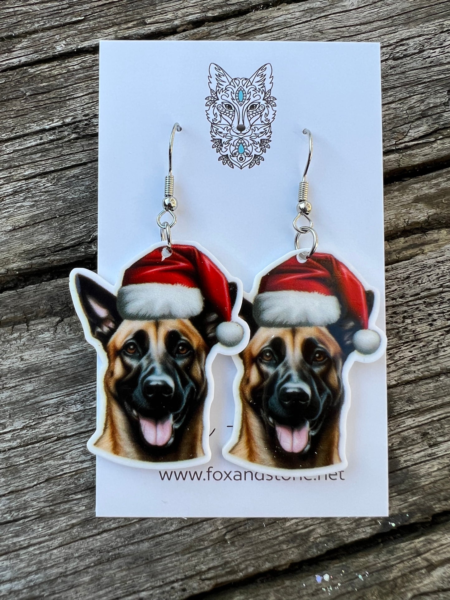 Belgian Malinois Santa Hat Dog Earrings