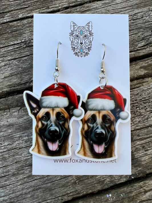 Belgian Malinois Santa Hat Dog Earrings