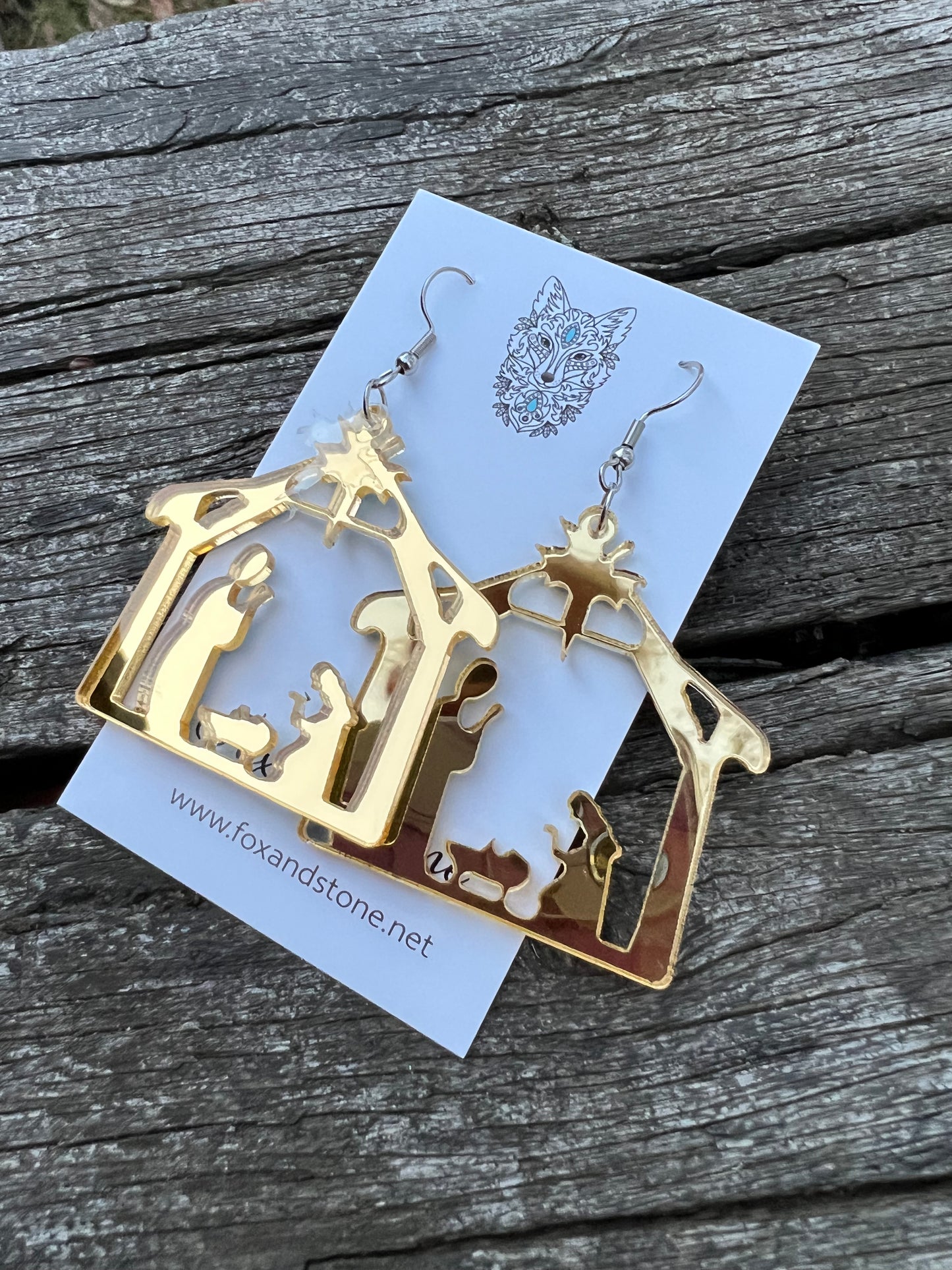 Mirror Gold Nativity Xmas Earrings