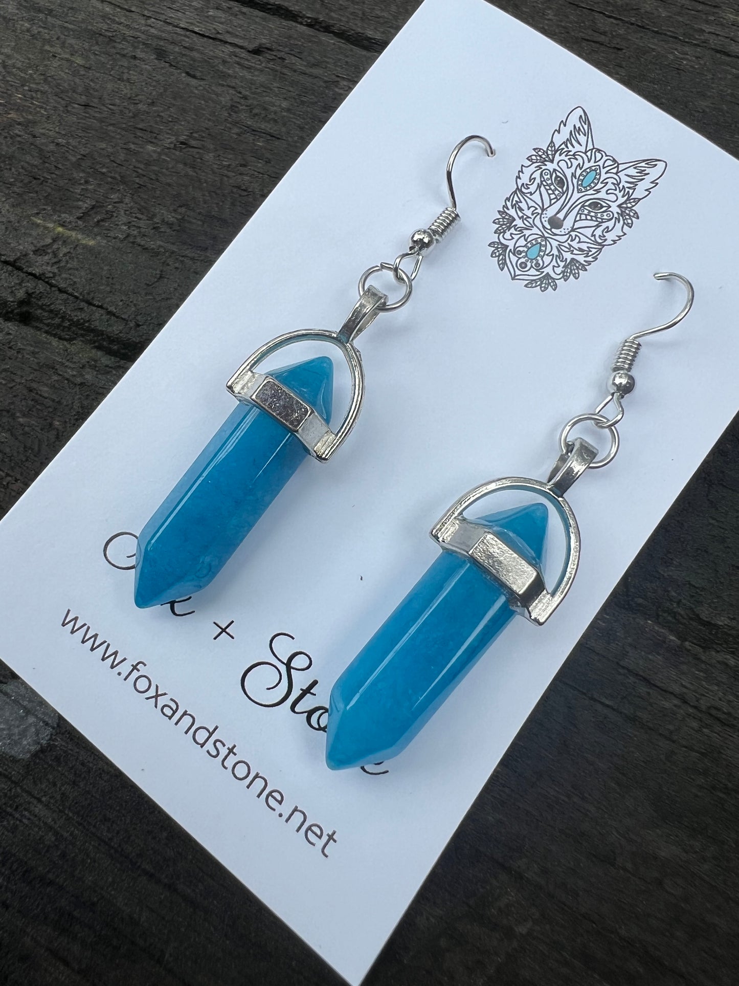 Blue Agate Gemstone Bullet Point Earrings
