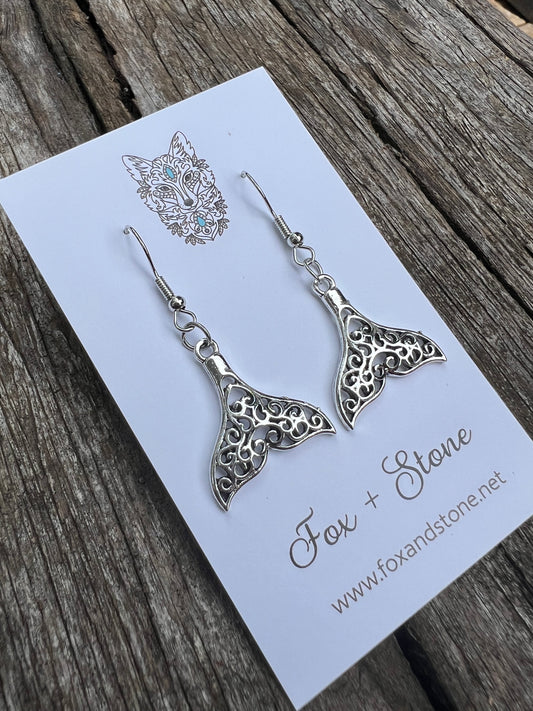 Filigree Silver Whale Tail Earrings