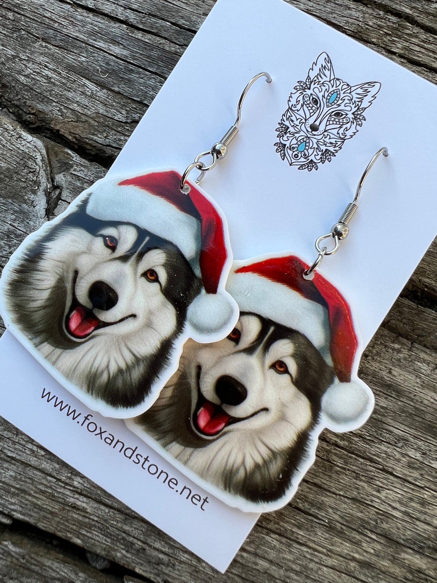 Alaskan Malamute Santa Hat Dog Earrings