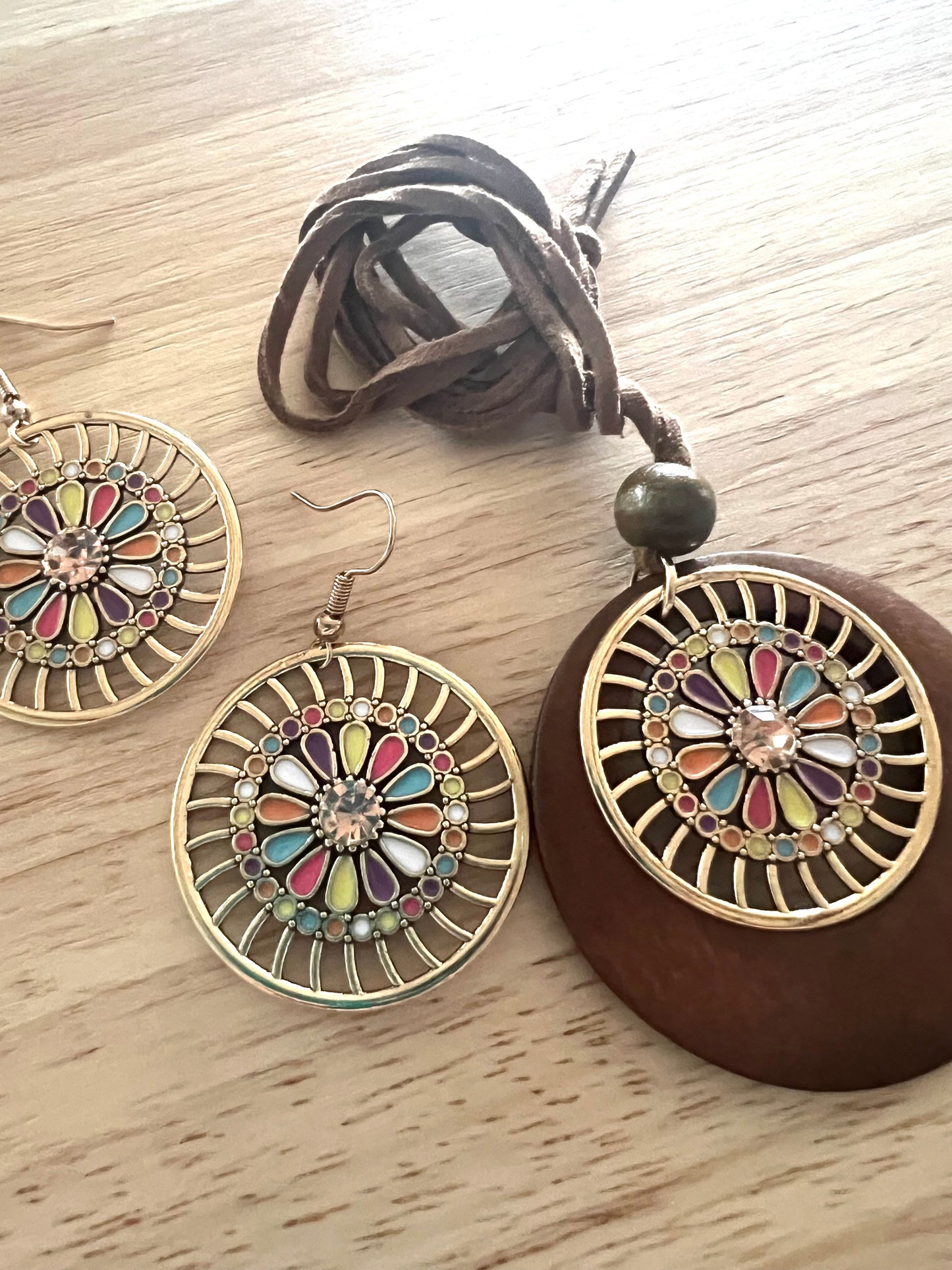 Gold Flower Pendant Earring Set