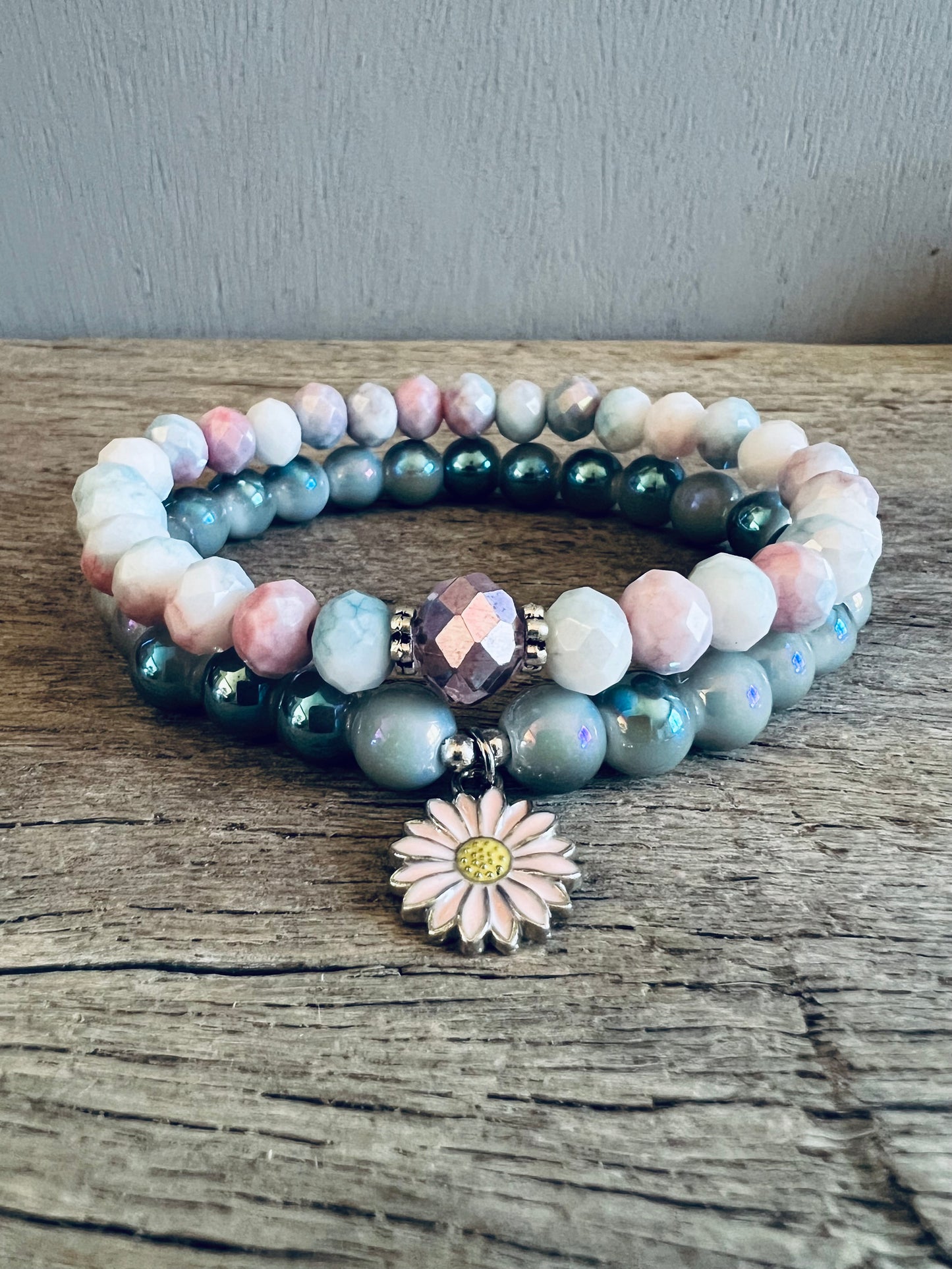 Daisy Charm Czeck Beaded Bracelet Set