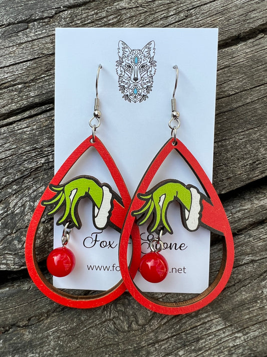Grinch Wood + Bead Earrings