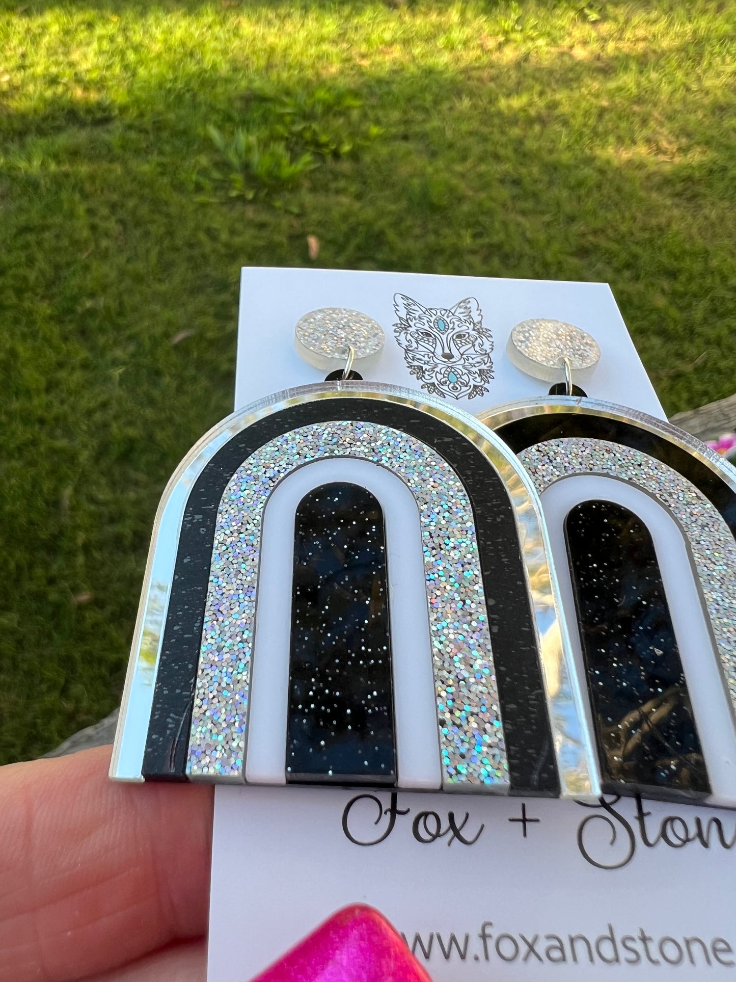 Beautiful Statement Black Glitter Arch Earrings