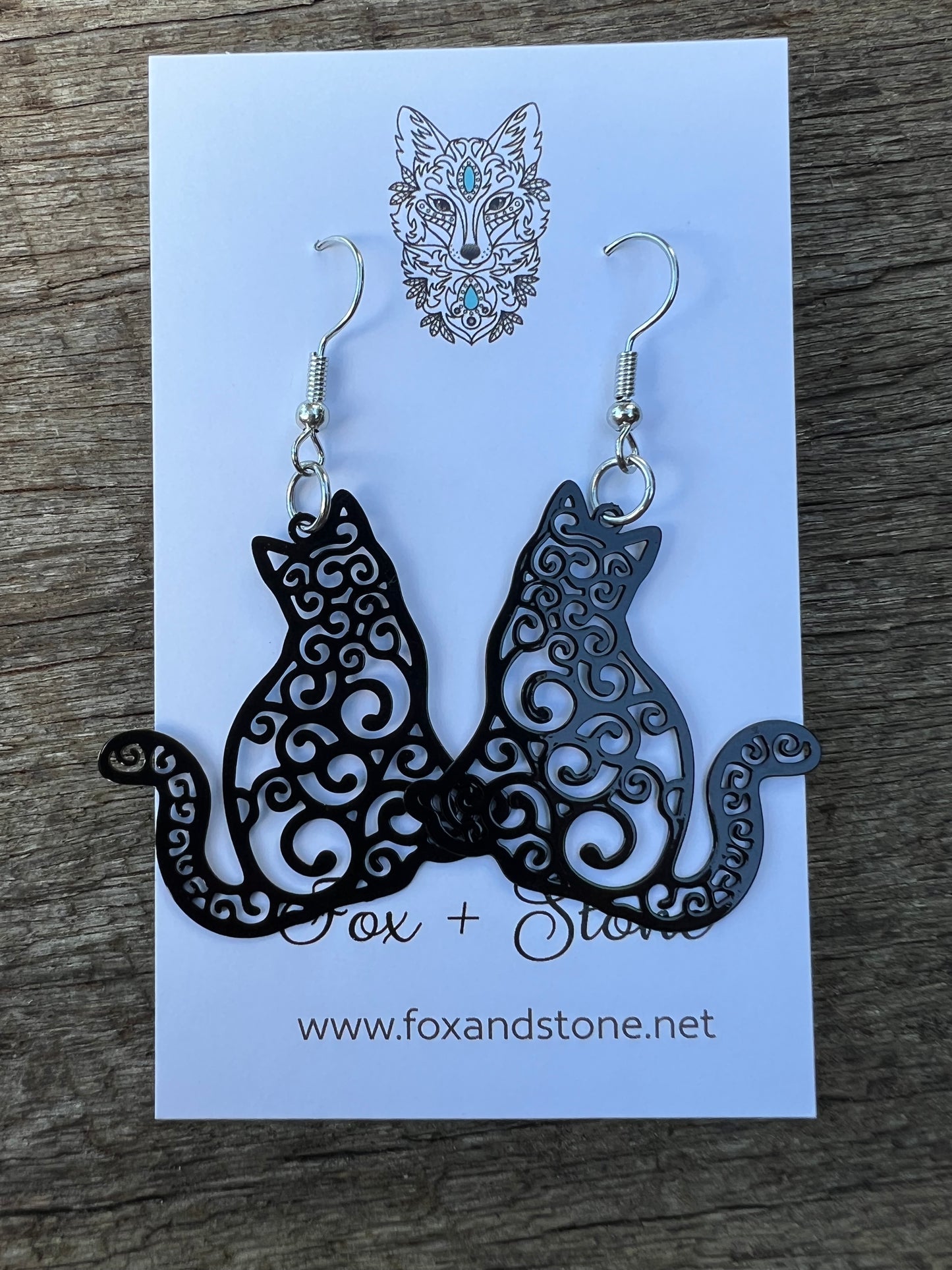 Black Filigree Cat Earrings