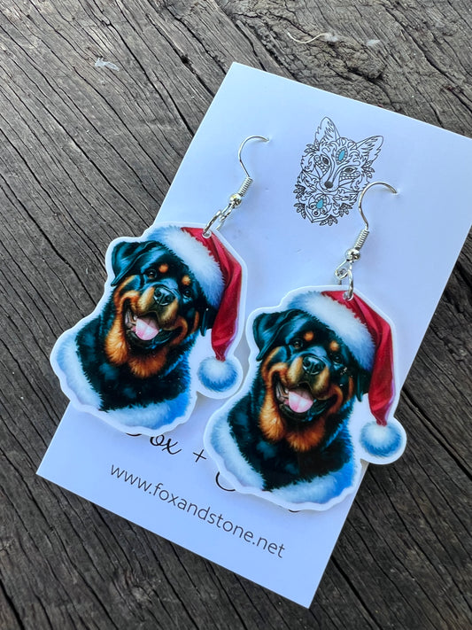 Rottweiler Santa Hat Dog Earrings