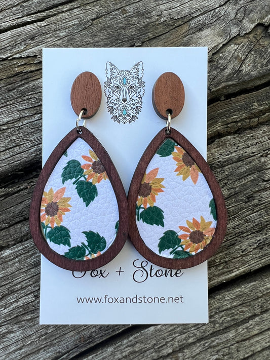 Petra White Sunflower Teardrop Wood Earrings