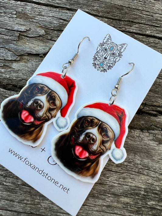 Staffie Santa Hat Dog Earrings